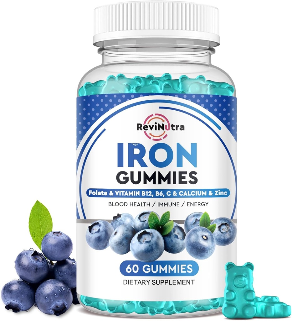 Iron Gummies - med Calcium, Zink, Folate & Vitamin B12, C, B6 for voksne & Børn - Blood Builder & Energy Support for Iron Deficiency, Anæmi, Vegan - Blueberry Flavor, 60 Gummies
