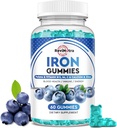 Iron Gummies - with Calcium, Zinc, Folate & Vitamin B12, C,B6 for Adults & Kids - Blood Builder & Energy Support for Iron Deficiency, Anemia, Vegan - Blueberry Flavor, 60 Gummies