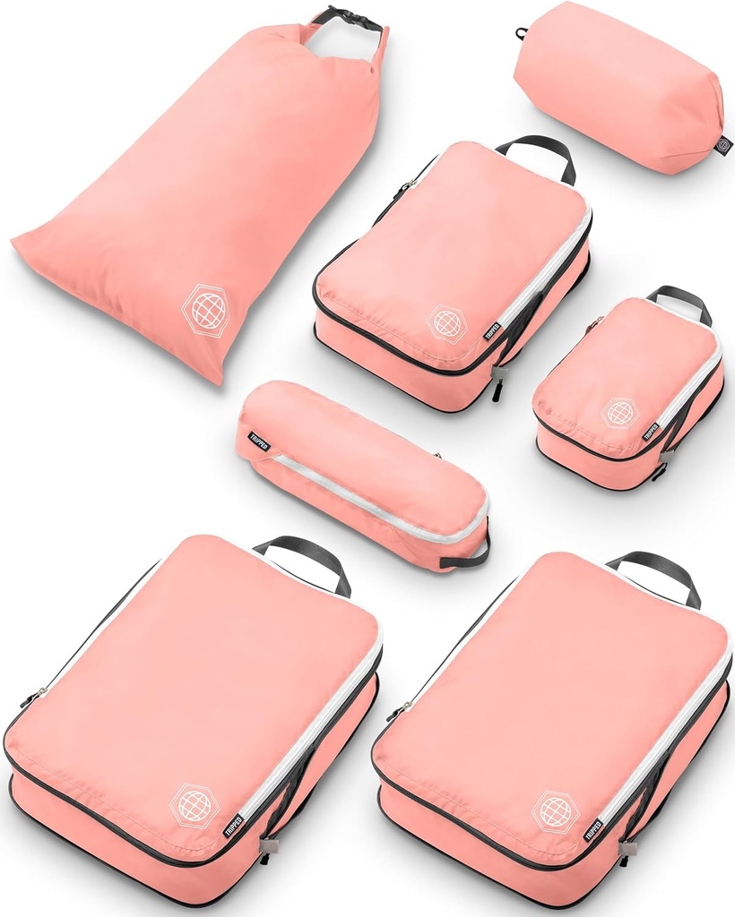 Stor kompression pakning Cubes til Travel- Packing Cube Bagage Arrangører 7 stykke sæt til indchecket bagage-Ultralygt, Expandable / Compression Tasker af TRIPED Travel Gear (Dusty Rose)