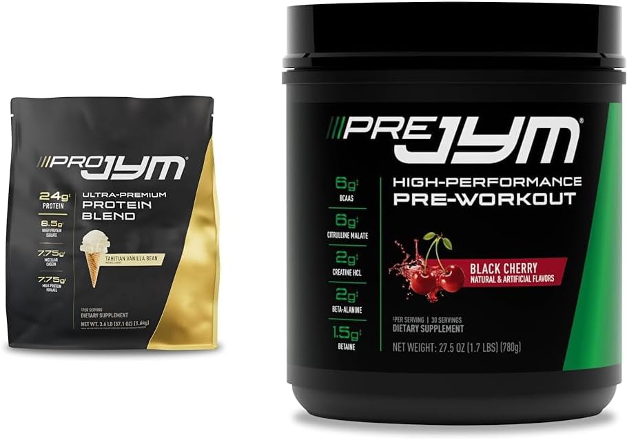 PRO JYM 45 Serveringer - Tahitian Vanilla Bean & PRE JYM 30 Serveringer - Black Cherry
