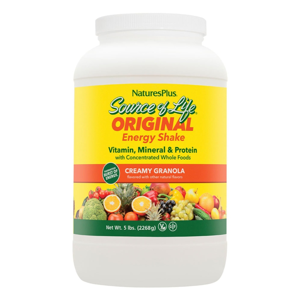 NaturesPlus Kilde til Life Energy Shake - 5 lbs, Vegetar Drink Mix - Granola Flavor - Multivitamin, Mineral & Protein Powder - Whole Food Meal Erstatning - Non-GMO, Gluten- Gratis - 58 Servering