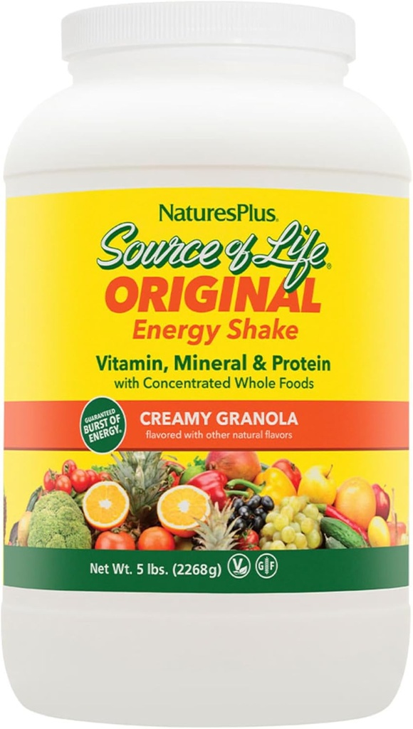 NaturesPlus Kilde til Life Energy Shake - 5 lbs, Vegetar Drink Mix - Granola Flavor - Multivitamin, Mineral & Protein Powder - Whole Food Meal Erstatning - Non-GMO, Gluten- Gratis - 58 Servering
