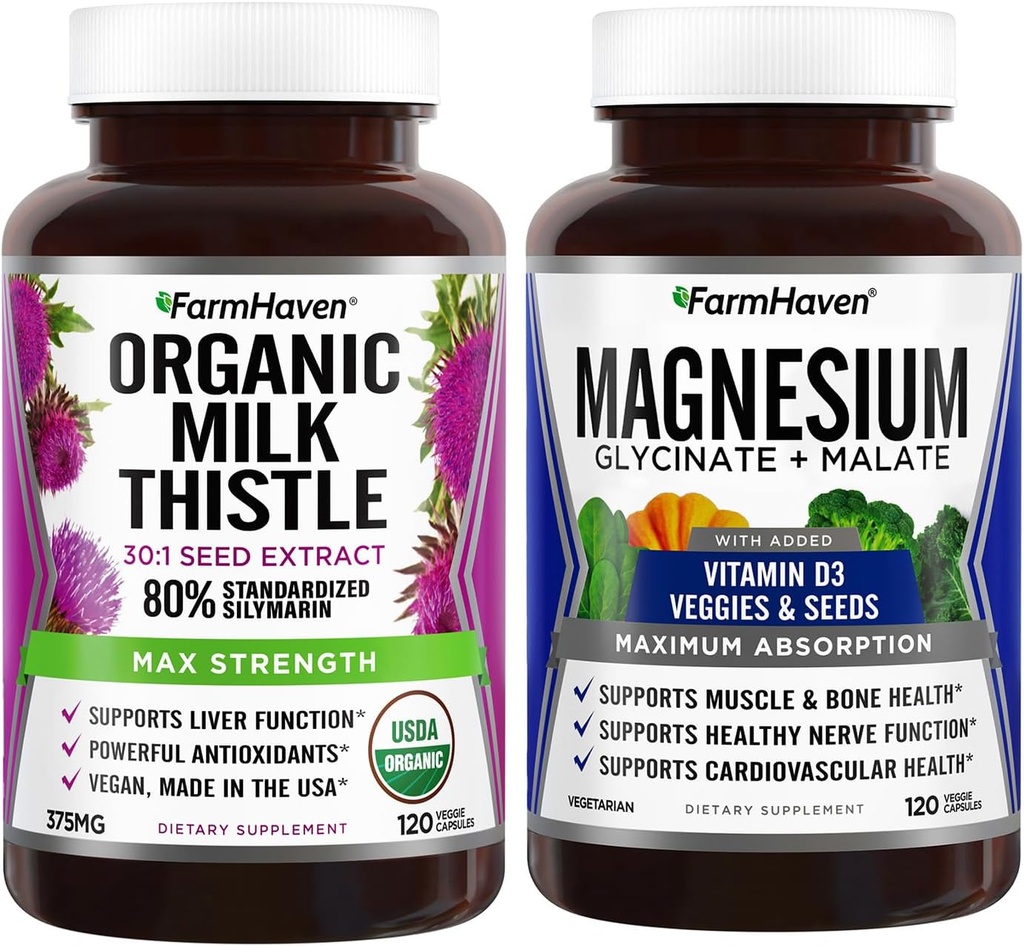 FarmHaven Milk Thistle Capsules & Magnesium Glycinate & Malate Complex w / vitamin D3