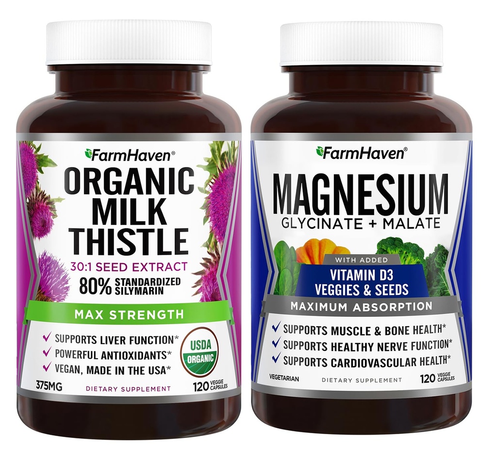 FarmHaven Milk Thistle Capsules & Magnesium Glycinate & Malate Complex w / vitamin D3