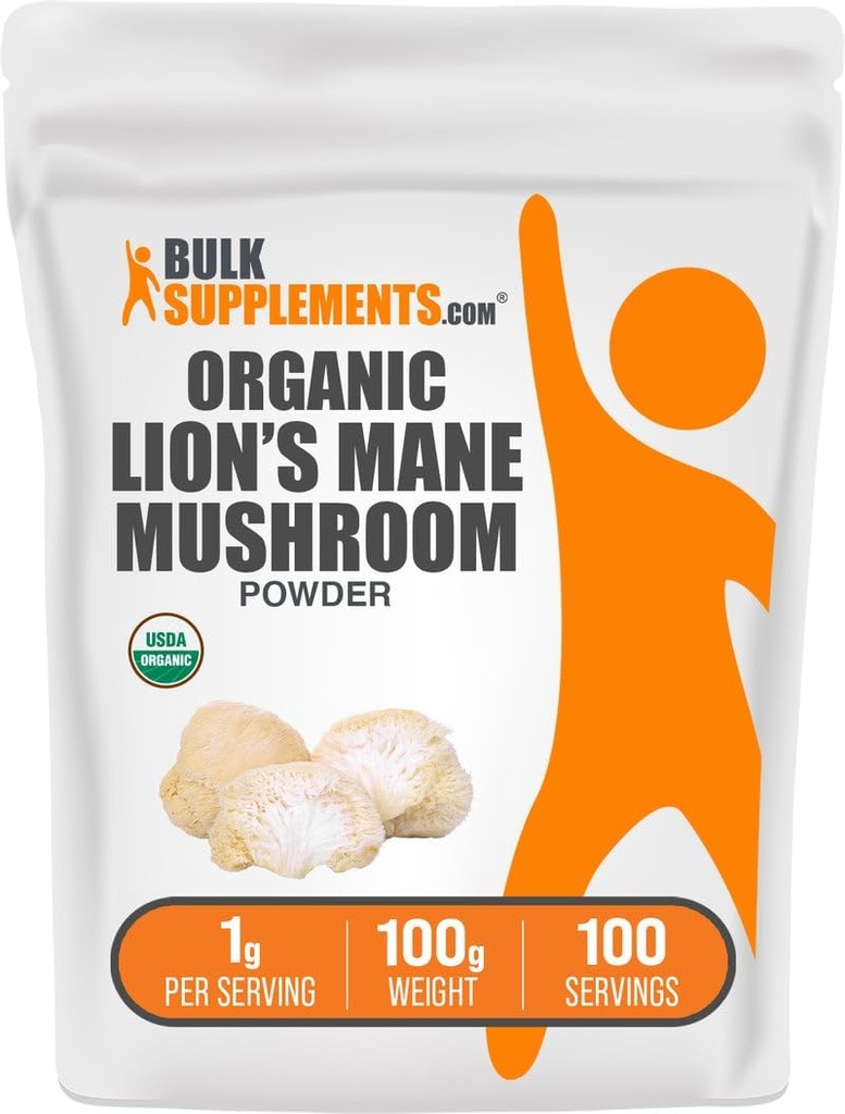BulkSupplements.com Organic Lions Mane Mushroom Powder - Lions Mane Powder, Mushroom Supplement - Vegan & Gluten Free, 1g per Serving, 100g (3,5 oz) (Pack of 1)