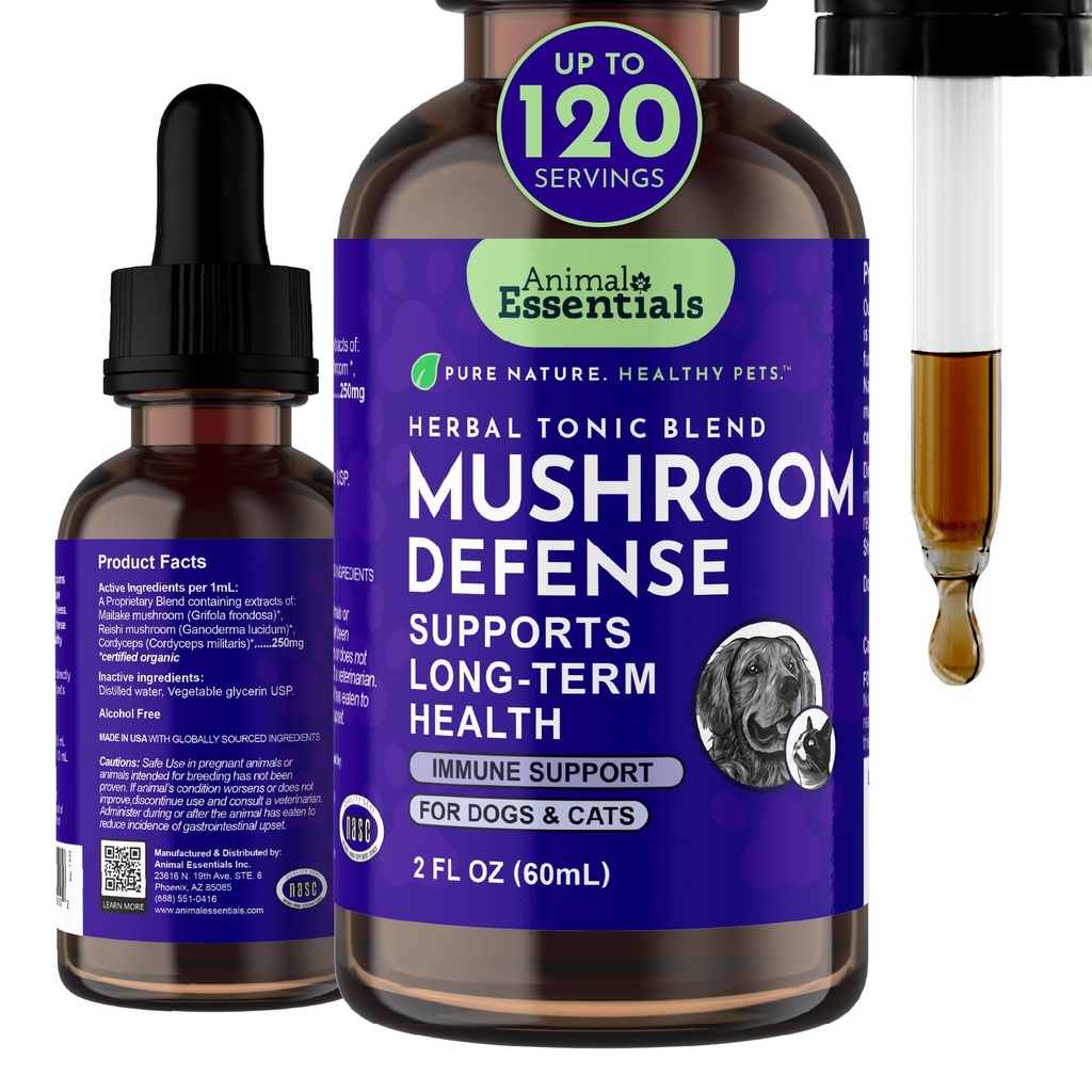 Animal Essentials Mushroom Defense - Immunsystemet Støtte til hunde & katte, Naturlige Antioxidant, Svampe, for alle aldre, Økologiske urter - 2 Fl Oz