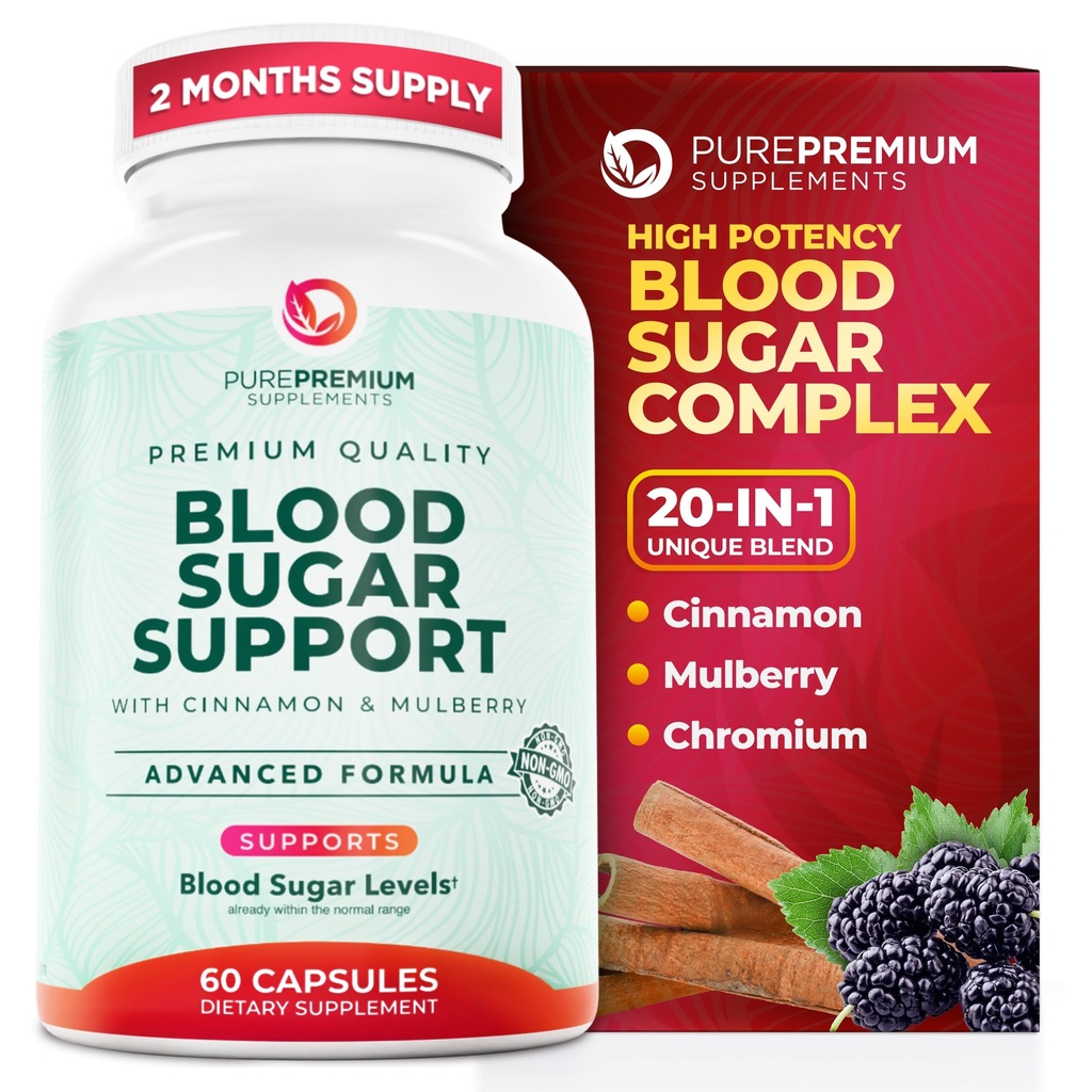 PurePremium Normal Blood Sugar Support Supplement - 20 Aktive Ingredienser Kompleks til at understøtte Blood Sugar Niveauer allerede i det normale område - med kanel, Bitter Melon, Chrom, Mulberry - 60ct