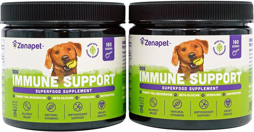 ZENAPET Dog Immune Support Premium Powder Topper, Turkey Tail, Spirulina & Beta-Glucan, Supports a Healthy Immune System & Digestion, Human-Grade, Made in USA