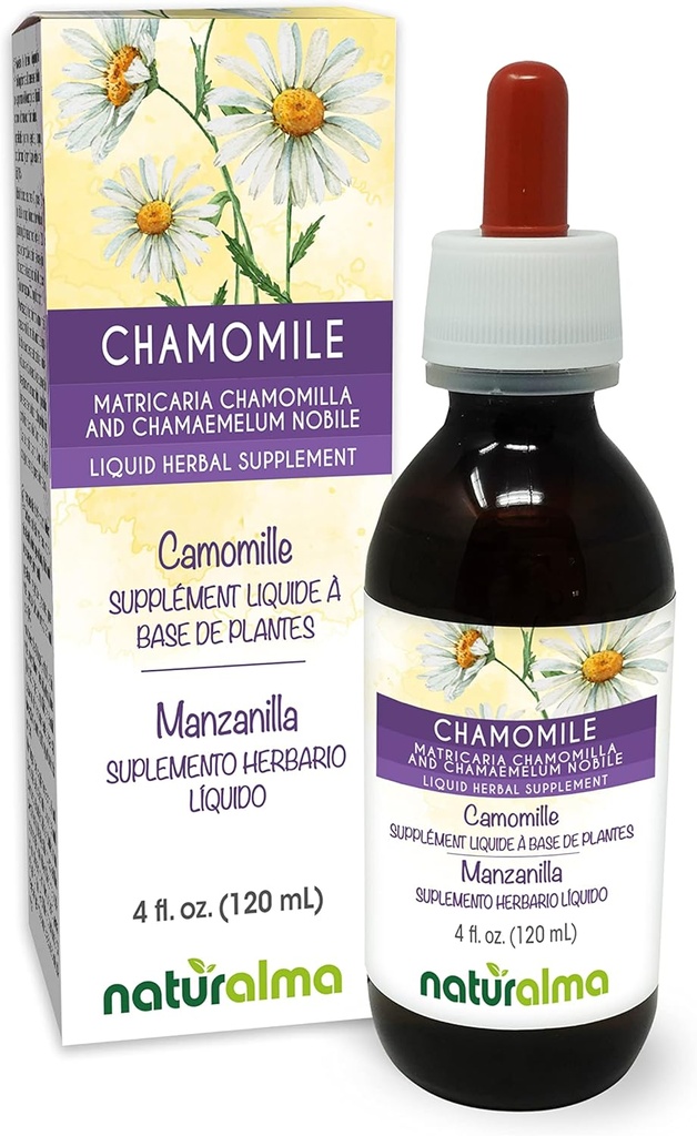 Naturalma Tysk og romersk kamille (Matricaria chamomilla og Chamaemelum nobile) Flower Alkohol- Free Tincture - 4 fl oz Liquid Extract in Drops - Herbal Supplement - Vegan