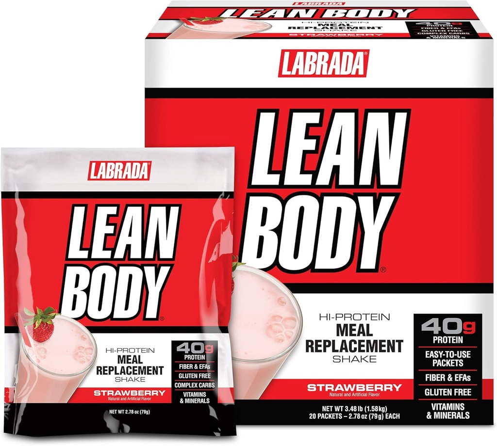 Labrada Lean Body MRP All- In- One Strawberry Meal Erstatning Shake, 40g Protein, Whey Blend, 8g Sund Fedtstoffer EFA 's & Fiber, 22 Vitamin og Min, Ingen kunstig farve, Gluten Free, (20 Pakets)