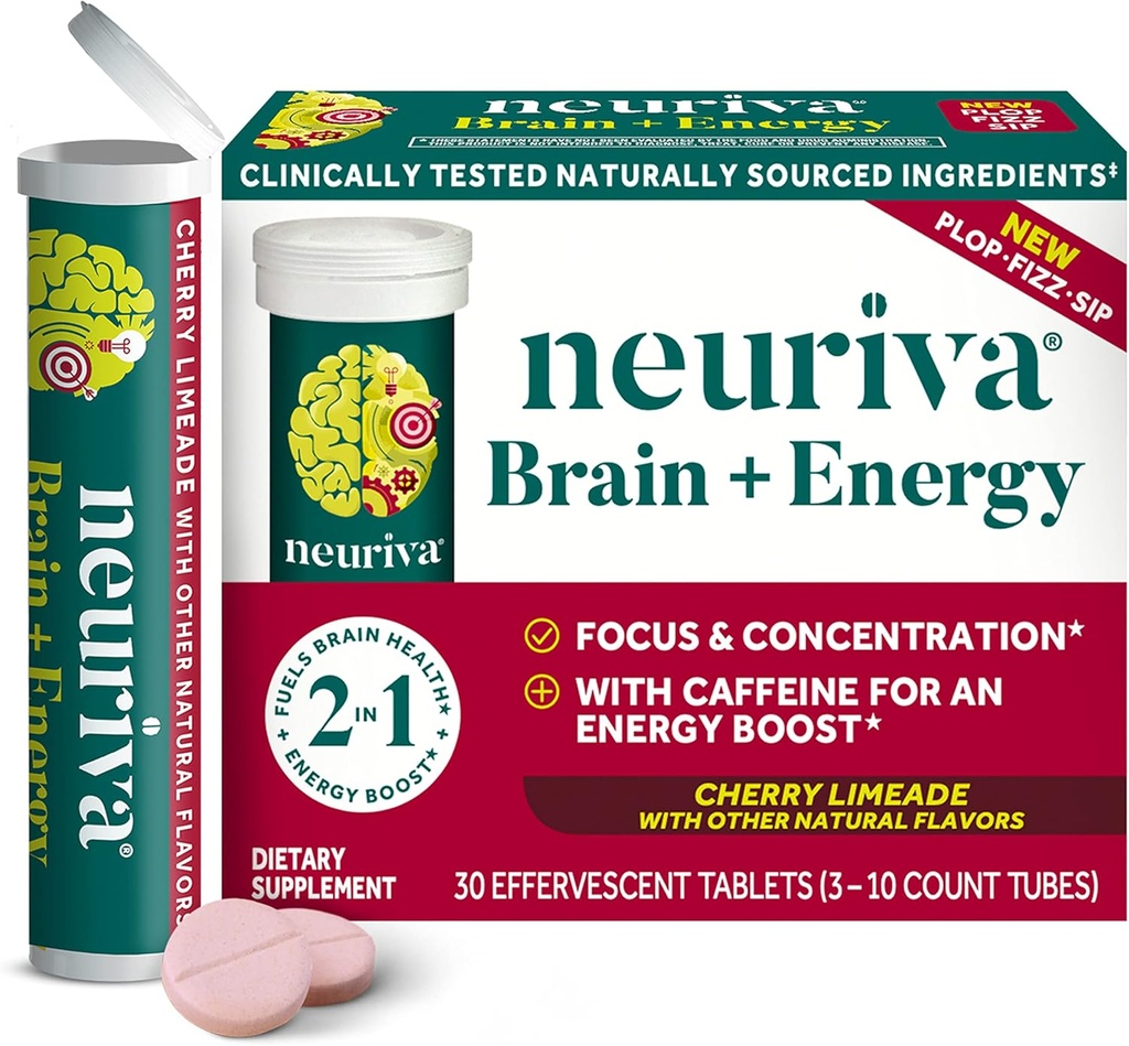 NEURIVA Brain + Energy Supplement med klinisk testet Neurofaktor For fokus & koncentration, vitamin B12, & 150mg koffein For en øjeblikkelig energi Boost, 30ct Cherry Limeade Effervescent tabletter