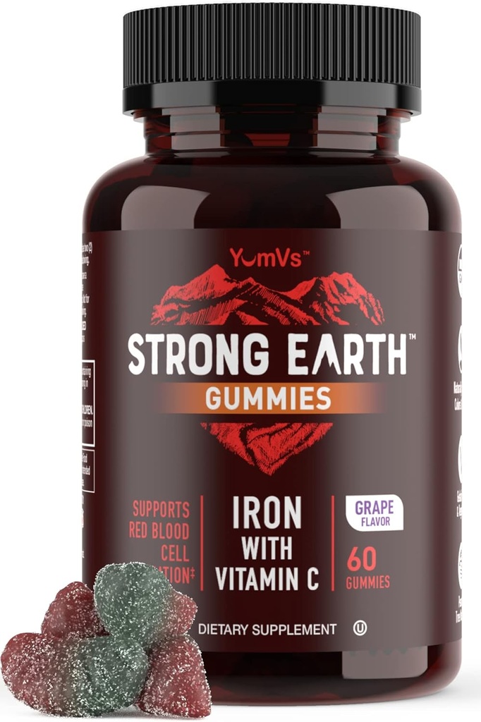 YUM- V 's Stærk Jord Jern med C-vitamin Gummies (60 Greve) - Jern Kosttilskud med C-vitamin Gummy - Blod Builder Anæmi FE Jern Gummies, Jern supplement til kvinder og mænd