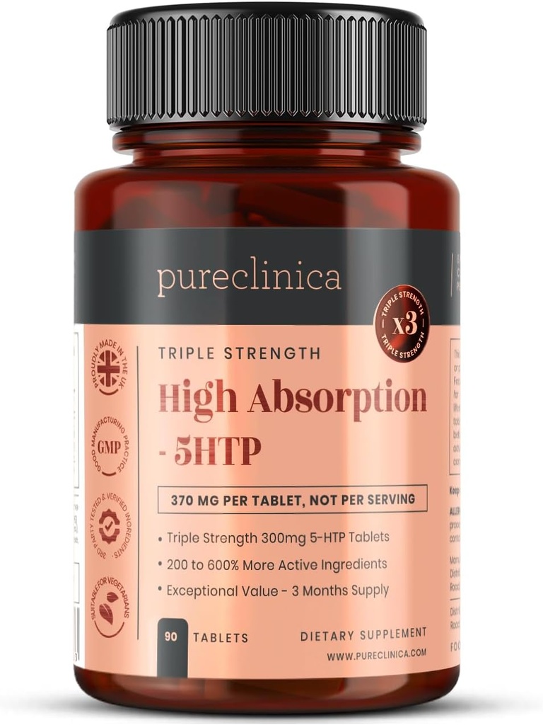 Høj Absorption 5HTP 300mg x 90 tabletter - 3 måneders forsyning. med C-vitamin, B6 og Black Pepper Extract