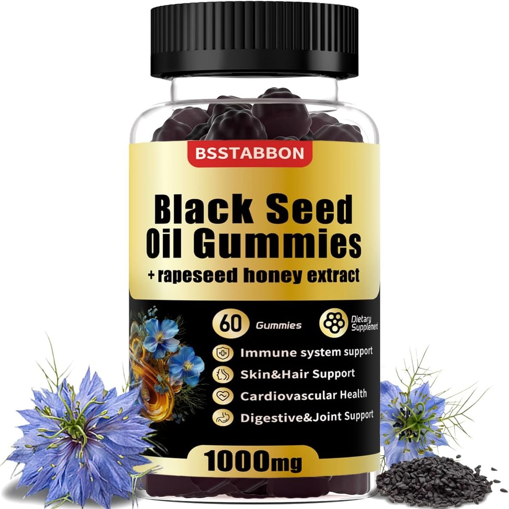 Black Seed Oil Gummies med 1000mg Organic Black Seed Oil, 25mg rapsolie honning ekstrakt, B6-vitamin, B12 og zink til immunsystemet Support (60 Gummies) (60 Greve)