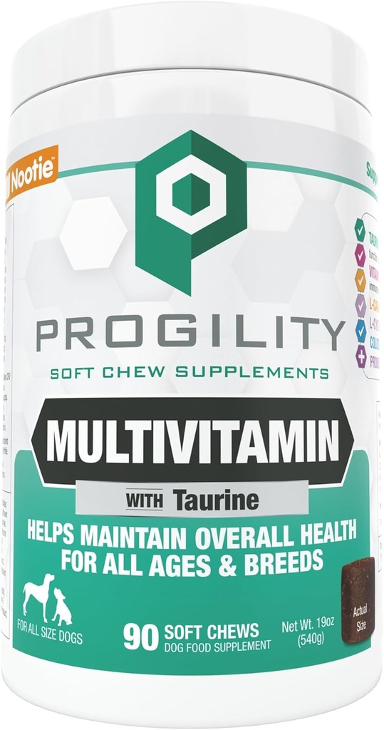 Nootie PROGILITY Daily Multivitamin tygger til hunde - understøtter immunitet, hjerte, øje, hjerne, og ben sundhed med taurine - for alle hunde størrelser - 90 bløde tygger. - Solgt i over 5.000 Pet Stores