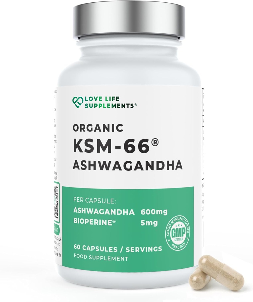 Love Life Supplements Organic Ashwagandha KSM- 66 ®, 2 Monthly Supply - 60 Capsules, High Strength 600mg per Capsule, 5% Withanolides, Bioperine ® for Øget Absorption, Zero Fillers, Lab Testet