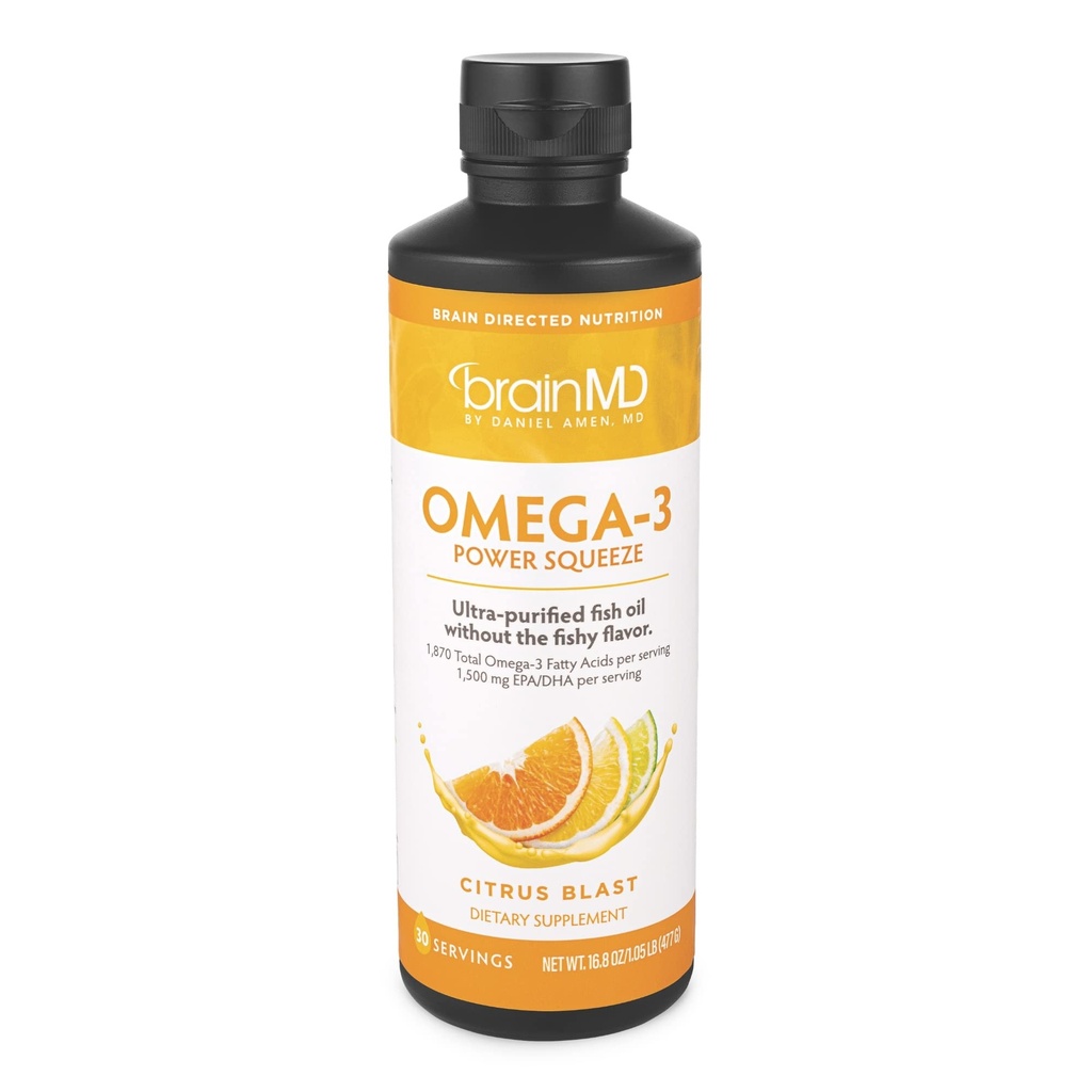 BRAINMD Dr. Amen Omega-3 Power Squeeze, Citrus Blast - 16.8 oz - Understøtter cardiovaskulær, hjerne & immunsystem sundhed - Gluten Free - 30 Servere