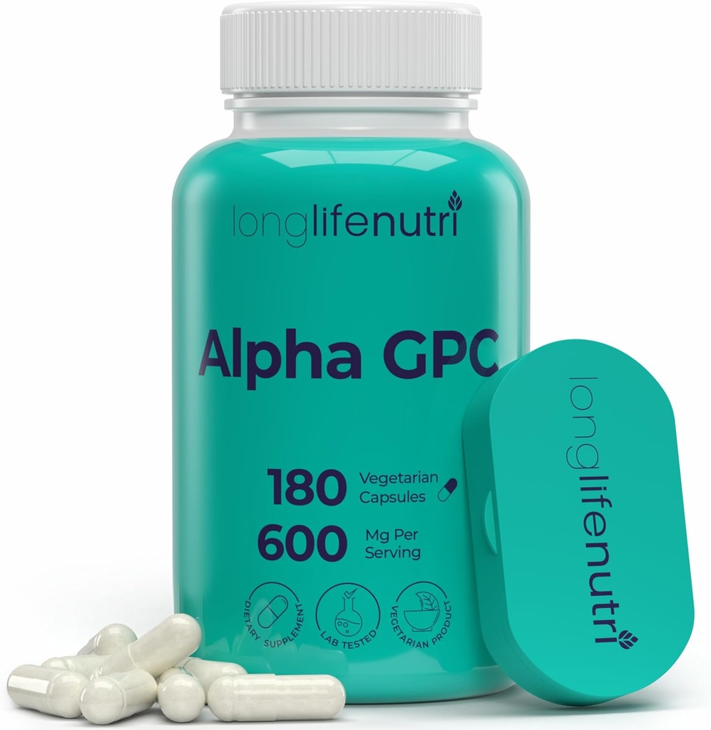 Alpha GPC Cholin Supplement 600mg - 180 Vegetariske Kapsler, Høj Renhed Nootrop for Daily Energy, 3- Måned Supply, Acetylcholine Kilde til Kognitiv & Mental Klarhed, GMP Certificeret, Made in USA