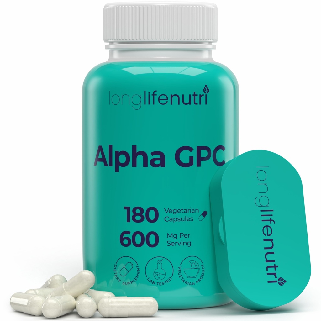 Alpha GPC Cholin Supplement 600mg - 180 Vegetariske Kapsler, Høj Renhed Nootrop for Daily Energy, 3- Måned Supply, Acetylcholine Kilde til Kognitiv & Mental Klarhed, GMP Certificeret, Made in USA