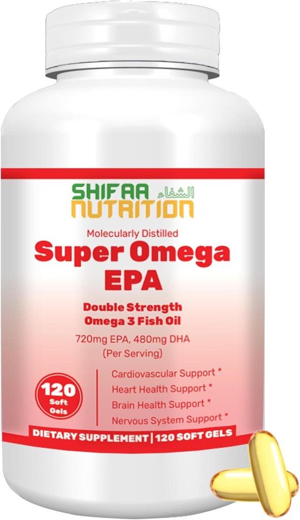SHIFAA NUTRITION Halal Fish Oil Softgel 120 Ct, Dobbelt Styrke - Halal Omega 3 Fish Oil Kosttilskud. Wild fanget, ikke-GMO & renset
