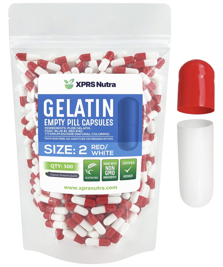 XPRS Nutra Størrelse 2 Tomme kapsler - 500 Tomme Gelatine kapsler - Piller gør det - Pure Bovin Pille Gel Caps til Do- It- Yourself Kosttilskud (rød / hvid)
