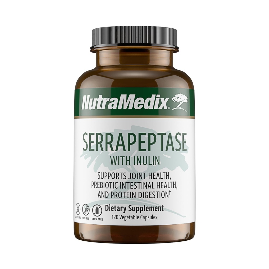 NutraMedix Serrapeptase Supplement with Proteolytic Digestive Enzymes for Women & Men - Inulin Prebiotic Fiber for Gut Health & Joint Support - Dairy, Soy & Gluten-Free (120 Capsules)