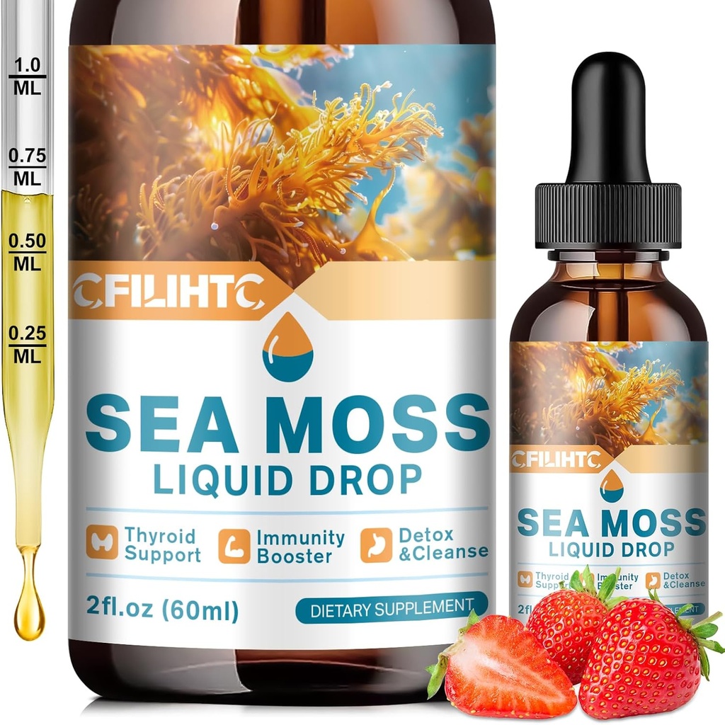 Sea Moss Liquid Drops Supplement, Irish Sea Moss med Soursop Black Elderberry Ashwagandha Burdock Root - Multivitaminer Seamoss Liquid Drops Support Antioxidant, Immun, Skin Gut Sundhed, 2 Fl Oz