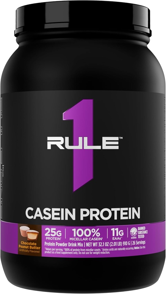 Rule 1 Casein Protein - 25g Protein and 11g EAAs Per Serving from Slow-Release Micellar Casein for Overnight Recovery and Sustained Delivery Between Meals (2 Pounds, Chocolate Peanut Butter)
