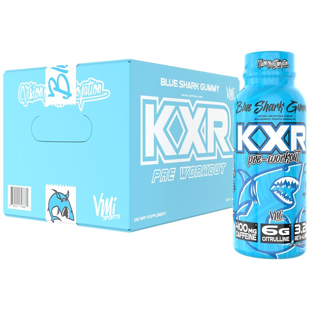 VMI Sports KXR High Stimulant Pre-workout energi klar til at drikke 400mg koffein, 6g Citrullin, 3,2 g Beta- Alanine Buddy 124; lækker, praktisk, kraftfuld Buddy 124; 12,5 oz flasker (Blue Gummy, 12 flasker)