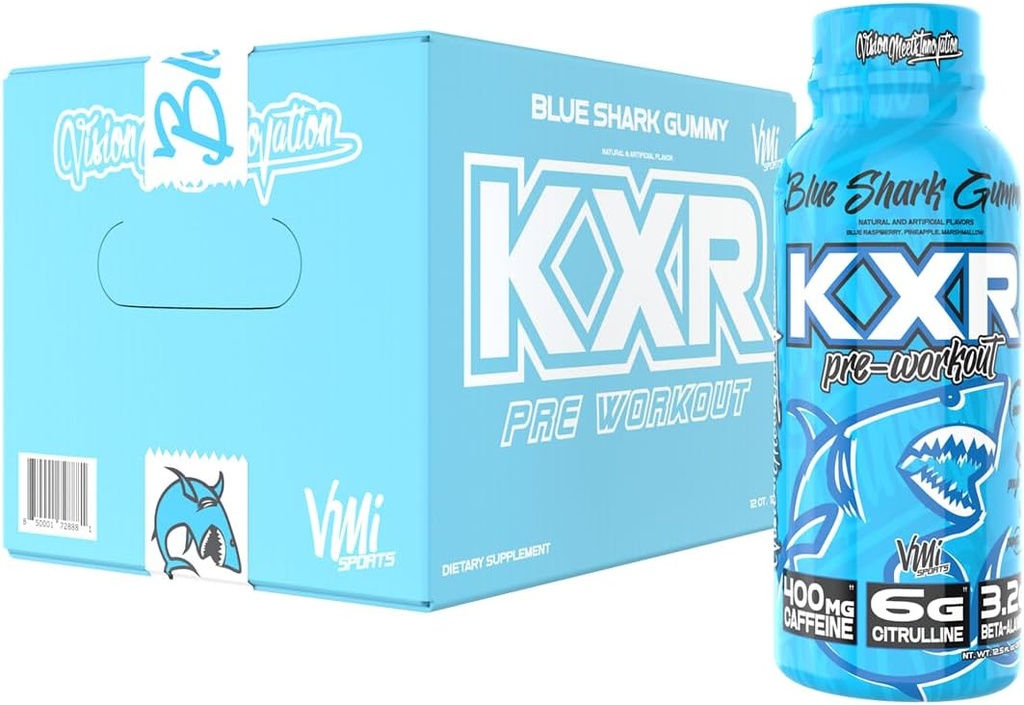VMI Sports KXR High Stimulant Pre-workout energi klar til at drikke 400mg koffein, 6g Citrullin, 3,2 g Beta- Alanine Buddy 124; lækker, praktisk, kraftfuld Buddy 124; 12,5 oz flasker (Blue Gummy, 12 flasker)