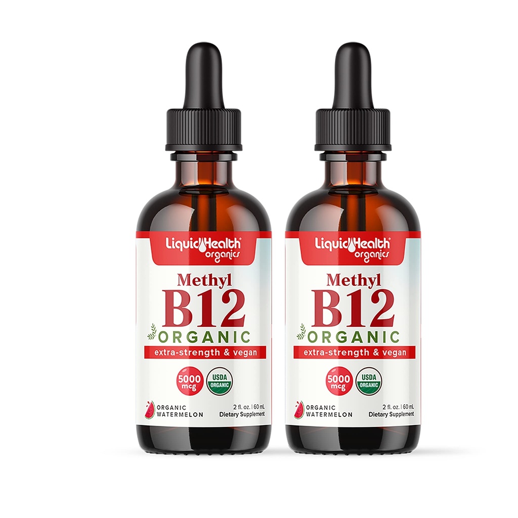 LIQUIDHealth USDA Organic Methyl Vitamin B12 Methylcobalamin flydende dråber med tærte Cherry Juice - Boost Energy, immunstøtte, Forbedre hukommelse & koncentration - USA Made, Vegan, Non- GMO (2 Pack)