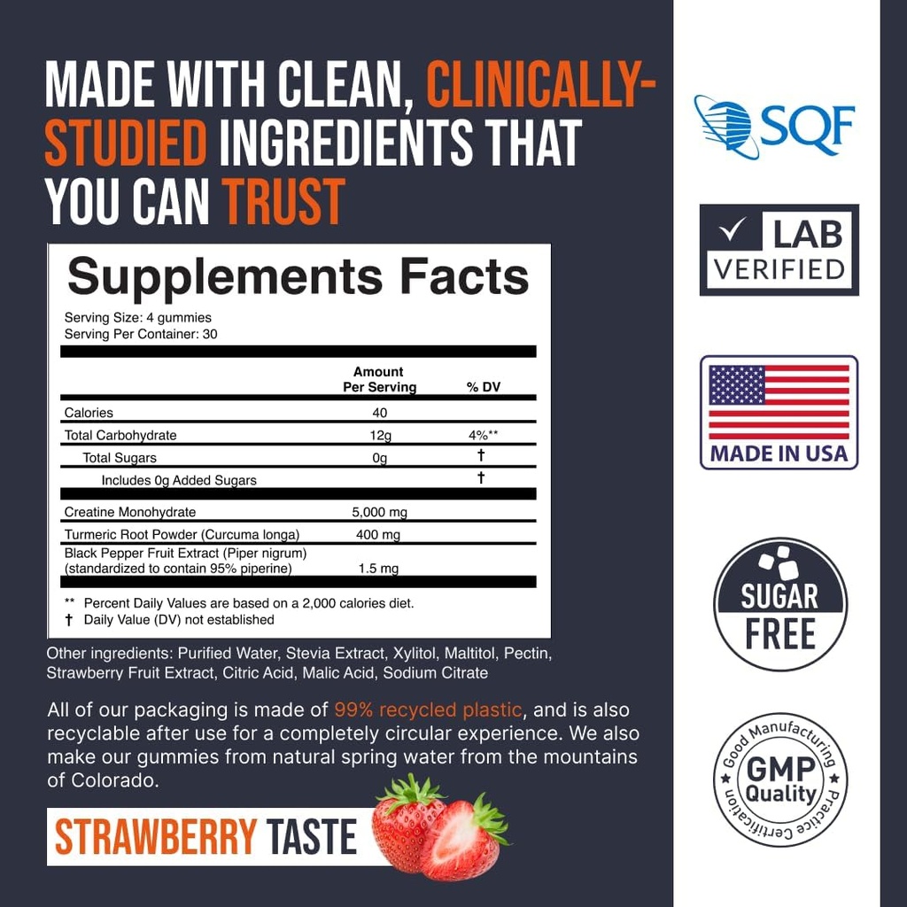 EcoWise Wellness Creatinine Monohydrat Gummies 5000 mg, Chewables for Men & Women, Sugar Free Gummies - 121 Greve, Friske Jordbær