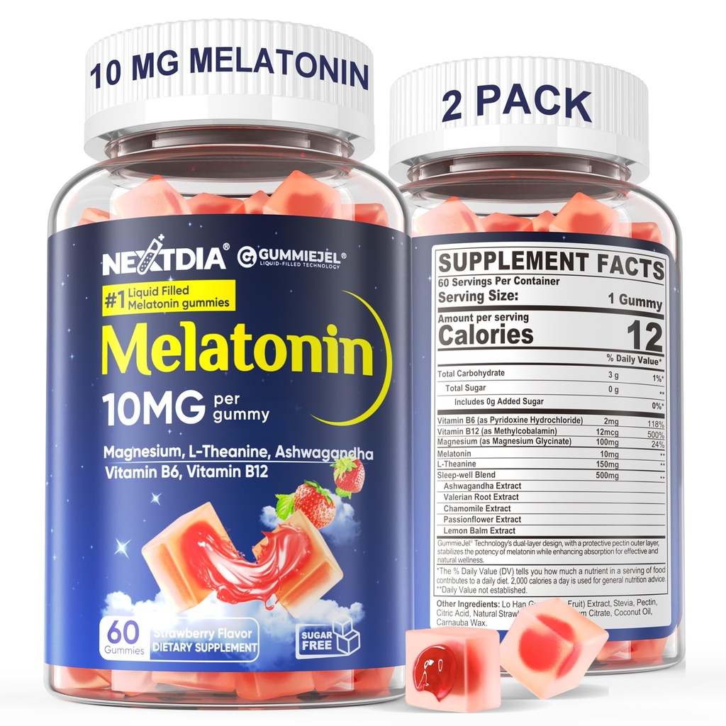 2 Pack Sugar Free Melatonin Gummies 10mg 20mg Magnesium Glycinate Melatonin for voksne, Ashwagandha, L- Theanin, B6, B12, Lemon Balm og Kamille for Deep Relaxation, Antioxidant, Vegan, 120 Dag