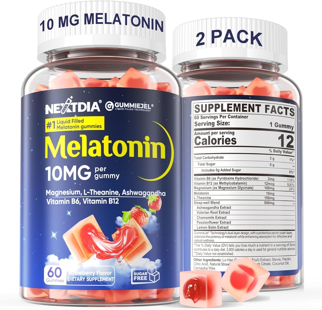 2 Pack Sugar Free Melatonin Gummies 10mg 20mg Magnesium Glycinate Melatonin for voksne, Ashwagandha, L- Theanin, B6, B12, Lemon Balm og Kamille for Deep Relaxation, Antioxidant, Vegan, 120 Dag
