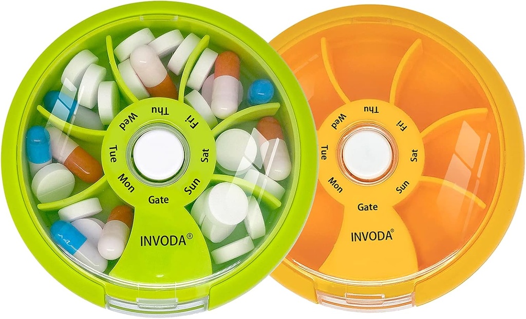 INVODA Weekly Pill Organizer 7 Segment Roterende Pill Box for Daglig Medicin & Vitaminer - Bærbar rejse Pill sag Fish Oil Kosttilskud Vitaminer Organizer (Grøn + Orange)