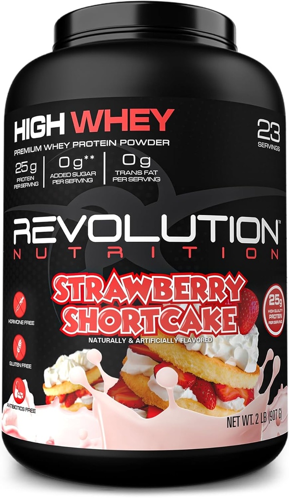 Revolution Nutrition, High Whey, Protein Powder 2LB, Whey Isolate, Gluten Free, Lean Muscle Mass for Mænd & Kvinder, 25g Protein Per Scoop, 908 g, 24 Servering (Jordbær Marie, 2 Pund)