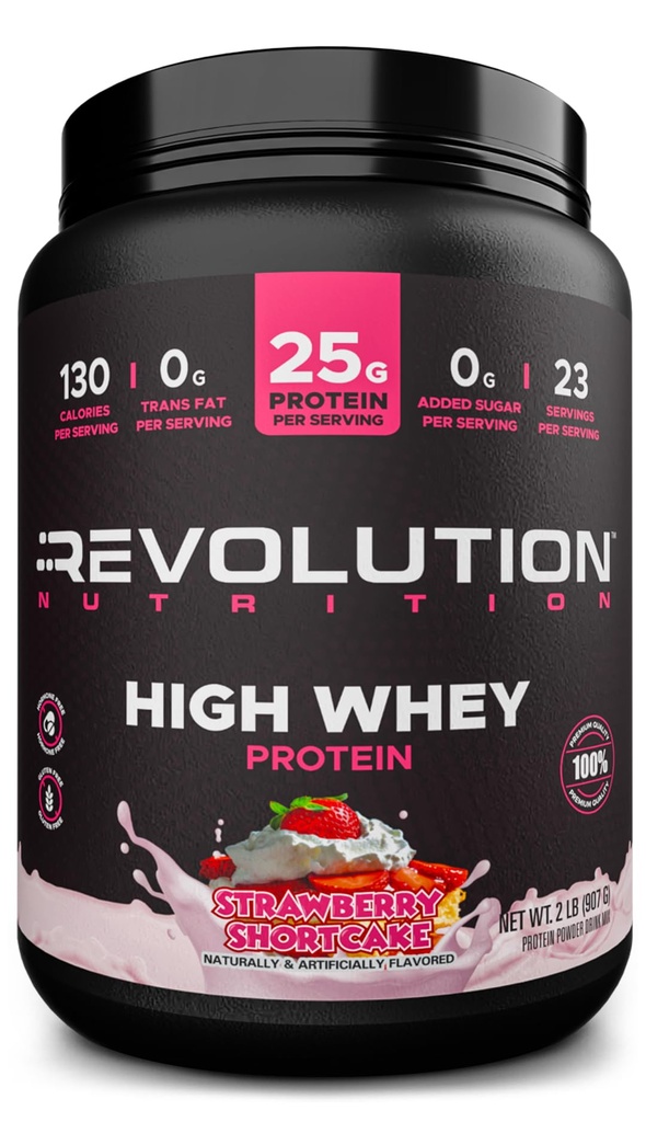 Revolution Nutrition, High Whey, Protein Powder 2LB, Whey Isolate, Gluten Free, Lean Muscle Mass for Mænd & Kvinder, 25g Protein Per Scoop, 908 g, 24 Servering (Jordbær Marie, 2 Pund)