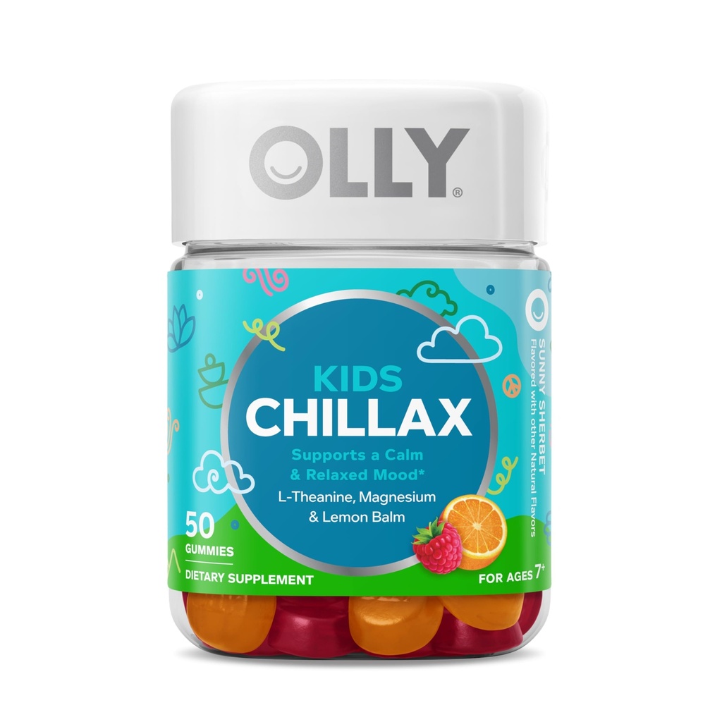 OLLY Kids Chillax Gummies, Magnesium, L- Theanine, Lemon Balm, Chewable Supplement, Sherbet Flavor