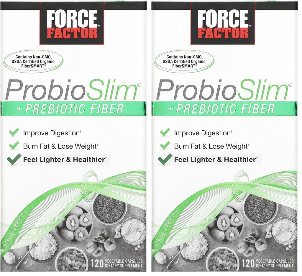 Kraftfaktor ProbioSlim + Prebiotic Fiber vægttab supplement til kvinder og mænd, Probiotic og Prebiotic fordøjelsessygdomme støtte med grøn te ekstrakt og Psyllium Husk Fiber, 120 kapsler