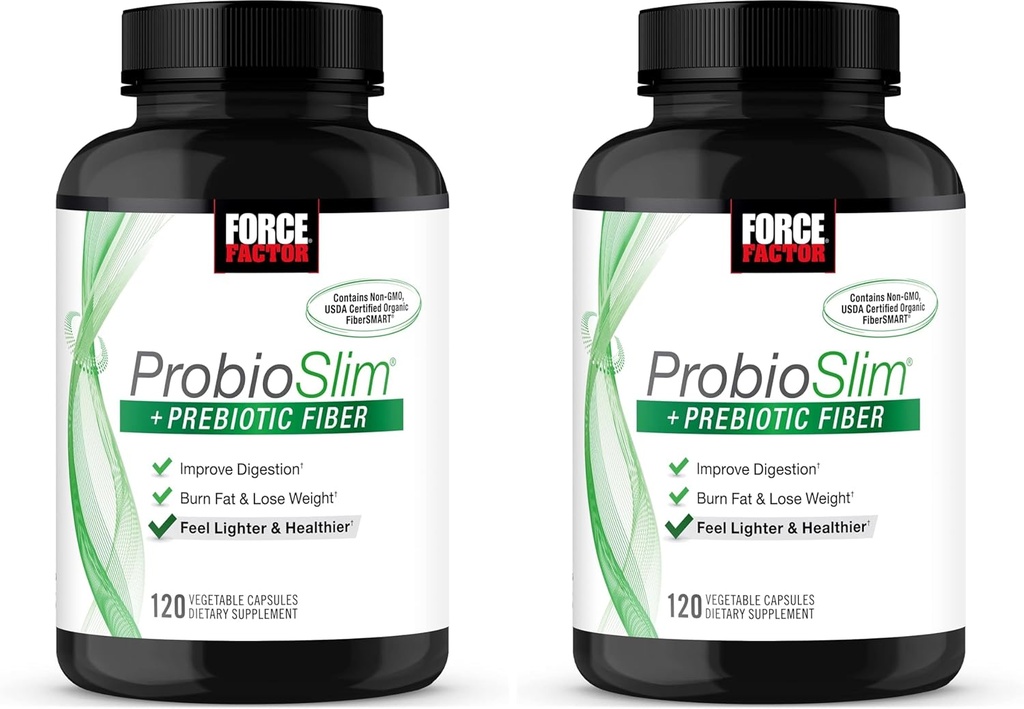 Kraftfaktor ProbioSlim + Prebiotic Fiber vægttab supplement til kvinder og mænd, Probiotic og Prebiotic fordøjelsessygdomme støtte med grøn te ekstrakt og Psyllium Husk Fiber, 120 kapsler
