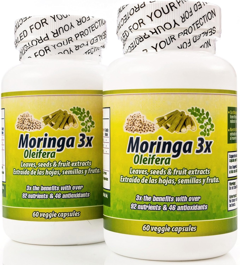 Moringa en Capsulas naturales. Sæt de 2 Frascos. Triple accion, extraida de la planta, fruta y semillas. Alto contenido de proteinas, vitaminas y minerales