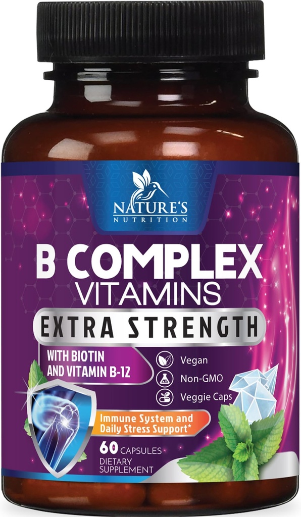 B Komplekse vitaminer kapsler - med vitamin B12 B6 B100 C biotin folat & folinsyre - supplement til hjerte, hjerne, & nerve support - Super Complex B- kompleks til immun- og energistøtte - 60 kapsler