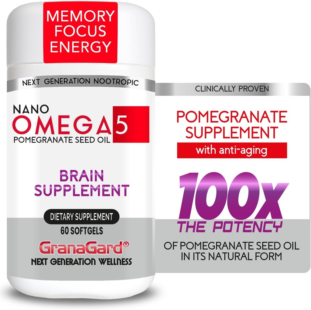 Nano Pomegranat Supplement Clinically Proven Brain Supplement med Anti Aging, Nanotech Levere 100 gange Kraften af Pomegranat frø olie i sin naturlige form, 1 flaske 60ct