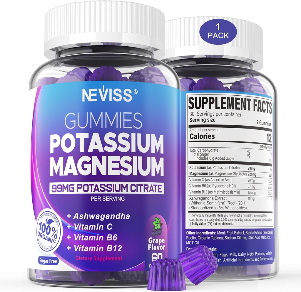 Potassium Magnesium Gummies - Potassium Supplement w/Ashwagandha 200mg, Magnesium Glycinate,B6,B12,P-otassium Citrate for Leg Cramps,Muscle,Electroyte for Adults Kids,Sugar-Free,1Pack