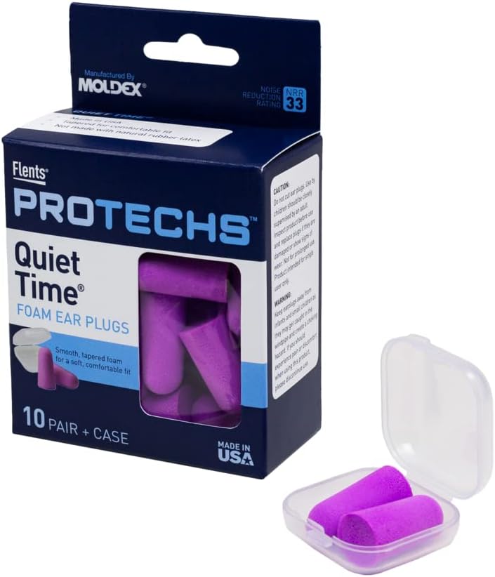 Flints Protechs Foam Ear Plugs, 10 Par med Case for Sleeping, Snoring, Kraftig støj, Rejser, Koncerter, Byggeri, Studier, Arbejde, Skydning, NRR 33, Lilla, Disponible, Made in USA