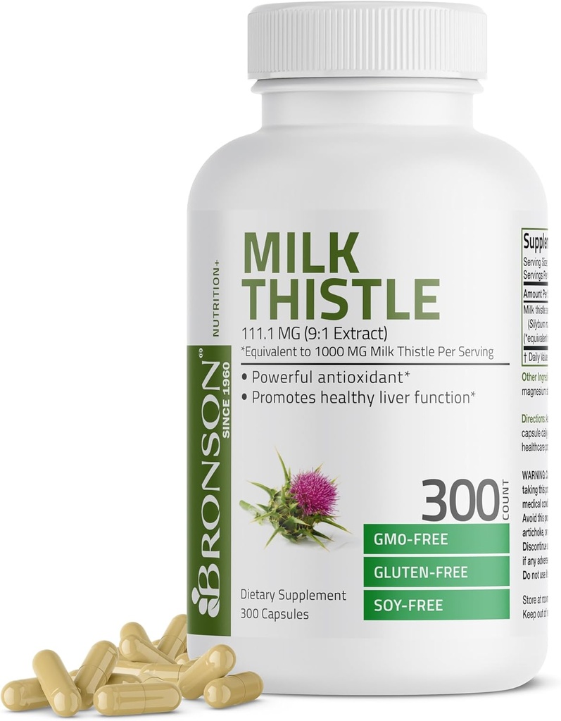 Bronson Milk Thistle 1000 MG Silybum Marianum Antioxidant & Leversygestøtte - non-GMO, 300 kapsler