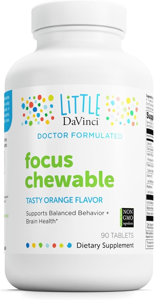 DAVINCI Labs Focus Chewable - supplement til støtte Opførsel, hjerne sundhed, og immunforsvar for børn * - med B6-vitamin, folat, B12-vitamin og mere - Orange Flavor -sukkerfri - 90 tabletter