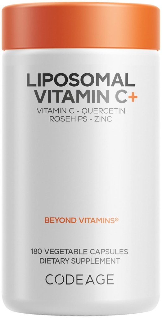 Kodeage Liposomal C-vitamin 1500mg med zink, hyldebær, Citrus Bioflavonoider Grapefrugt, Lemon, Orange Powder, Quercetin & Rose HIPS Frugt - Vegan supplement - Non- GMO, Vegan piller, 180 Kapsler