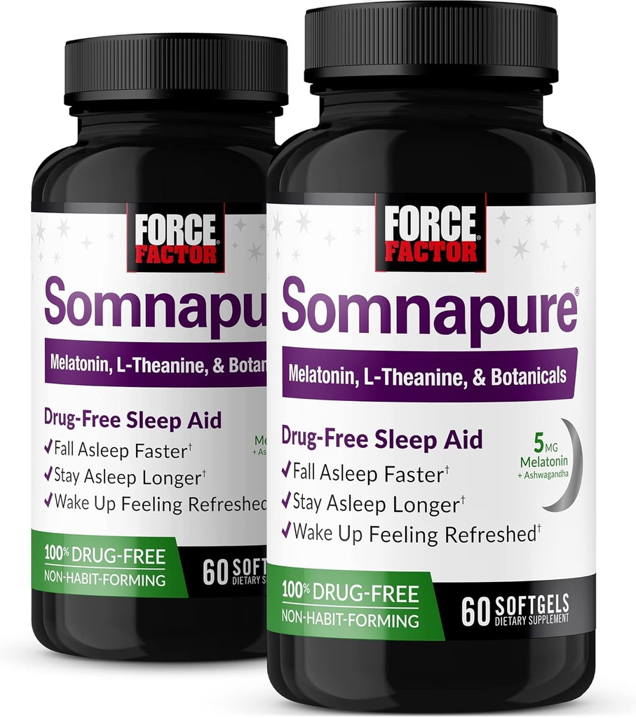 FORCE FACTOR Somnasure Softels 2- Pack Sleep Aid to Fall Asseep Hurtigere, Stay Asseep Longer, Wake Up Refreshed, Sleep Aid for Voksne med Melatonin, Ashwagandha, Valerian Root, 120 Softgels