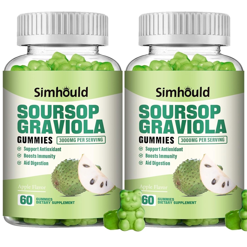 2 Pack Soursop Graviola Gummies - 3000mg Extra Strength Soursop blade supplement med C-vitamin, zink - fordøjelsesstøtte, immunforsvar & antioxidant - sukkerfri, ikke-GMO, Vegan, 120 tællinger